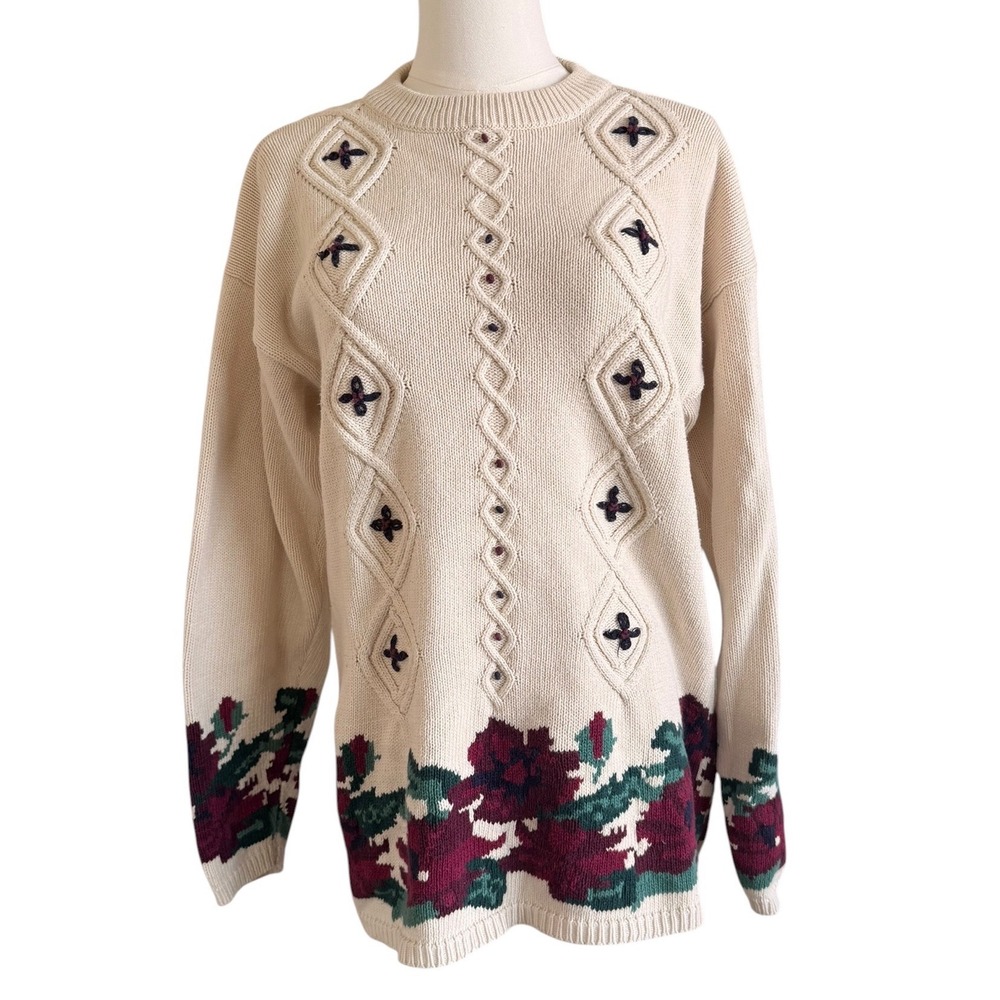 Northern Reflections Vintage 100% Cotton Floral Cable Knit Sweater Cream L